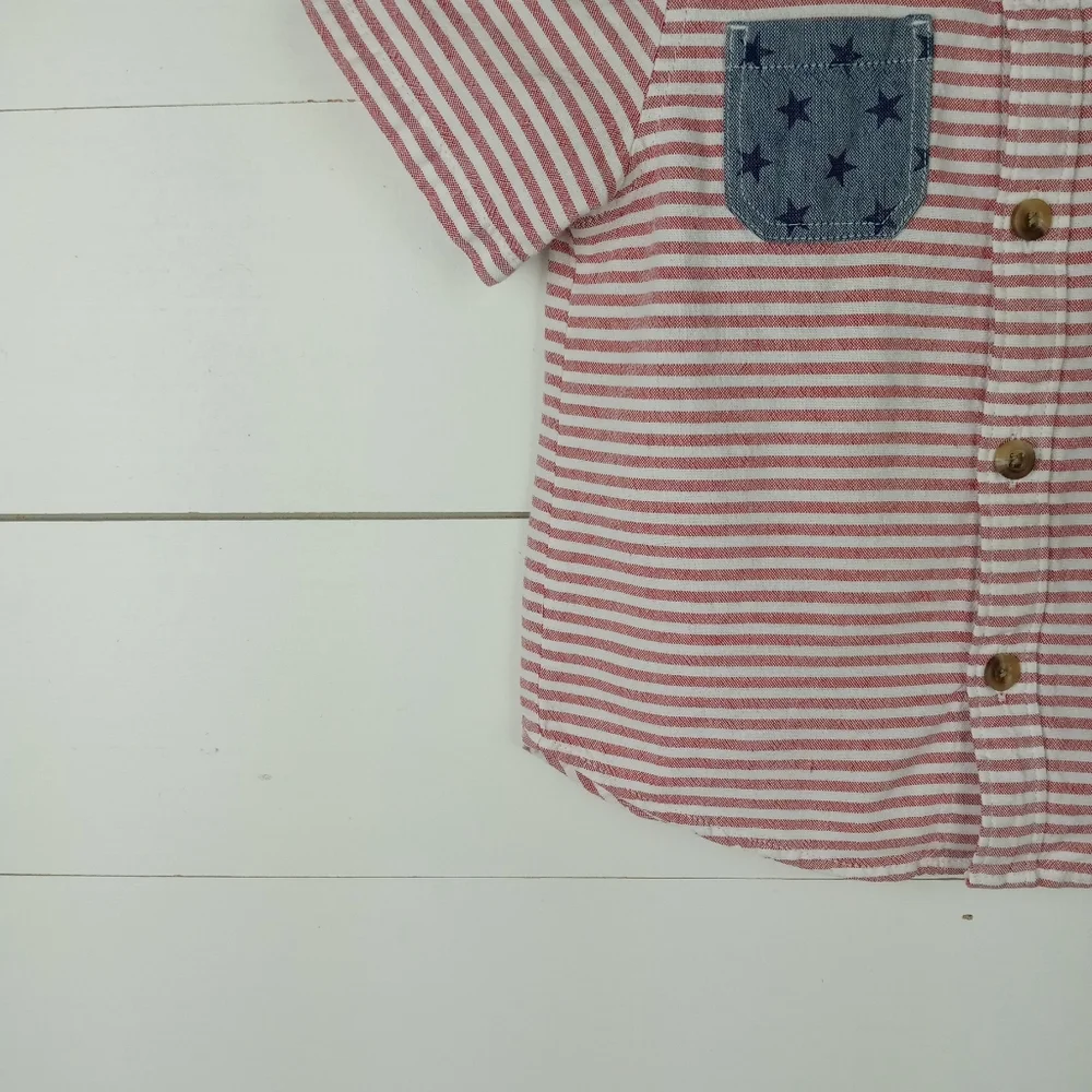 Old Navy boys size 6-12 mos red and white striped button down shirt chambray